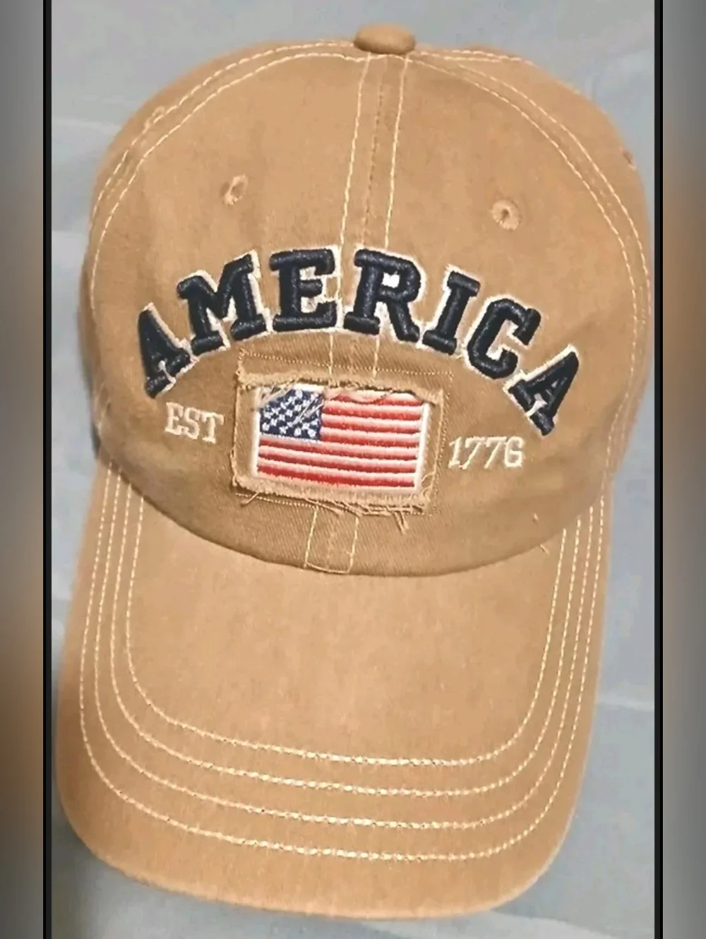 Khaki Baseball Cap with 'AMERICA' & Flag Embroidery